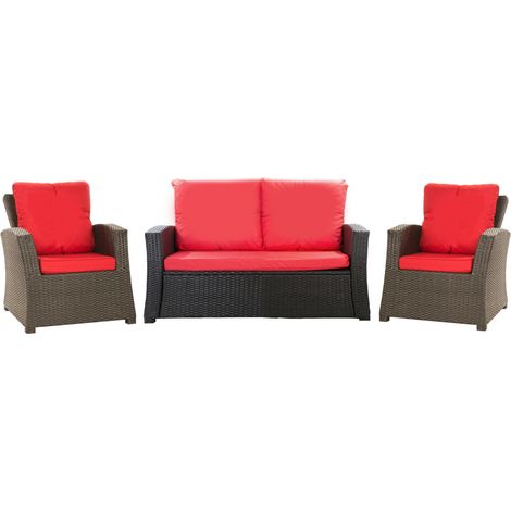 Set coussins pour salon de jardin résine tressée 4 personnes, coussins pour canapé 100x50x7cm, coussins pour fauteuil de jardin 2x50x56cm Rouge (1/5)