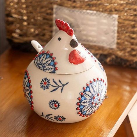 2X Salière en Céramique avec Couvercle et Cuillère, Grand Pot à Sel en Forme de Poulet de 375 Ml, Support à Sel pour Comptoir, (1/5)