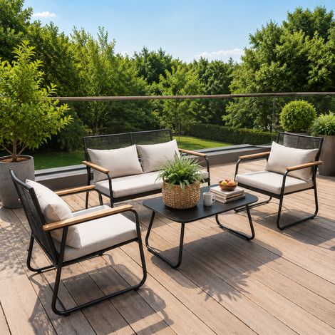 HOMAVO Gartenmöbel-Set 4 Personen aus PE-Rattan, 2-Sitzer-Sofa, 2 Sessel und Couchtisch, mit bequemen Kissen, Garten-Lounge-Set für Balkon, Terrasse und Garten (1/5)