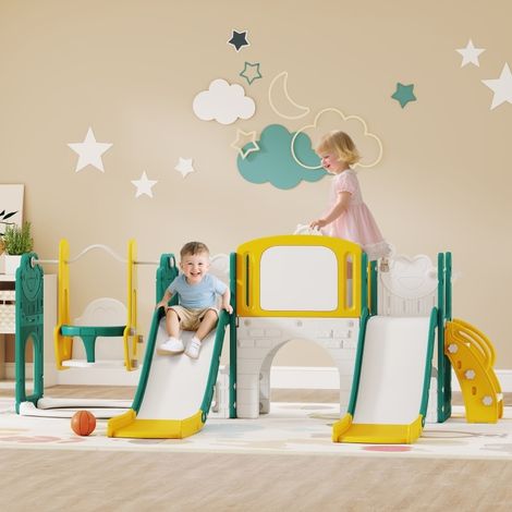 Tobogán y columpio infantil 9 en 1 250x150x94 cm de HDPE amarillo y verde – MEUBLIV (1/5)