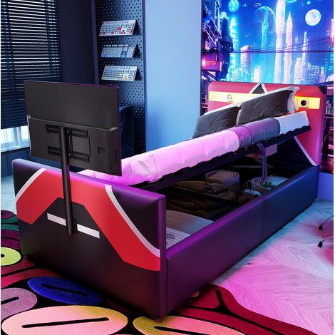 Kinderbett Gaming 90x200 cm gepolstert in Schwarz mit LED, hydraulischem Stauraum und TV-Halterung (1/5)
