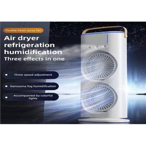 Vertikaler Tischventilator mit zwei Köpfen, drei Sprühdüsen, Luftbefeuchtung, Kühlung, Klimaanlage, Kaltluftfunktion und USB-Ladefunktion