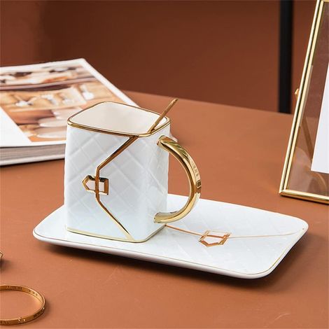 Service à café en céramique JeiibrZui Lingge Bag - 310 ml - 1 pièce avec cuillère et soucoupe - Bleu (1/5)