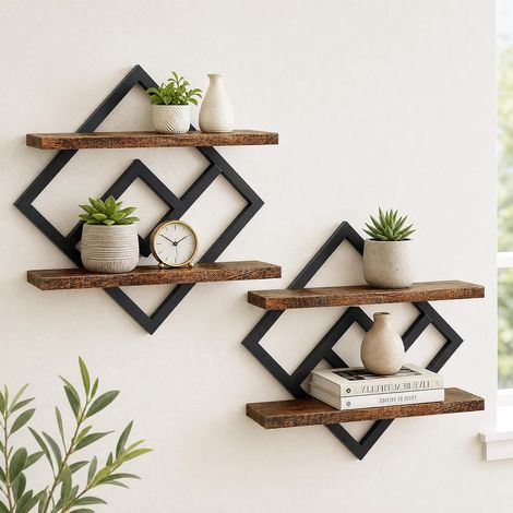 Etagere Murale Bois, Lot de 2 Étagère Flottante, Etagère Murale à 2 Niveaux, Étagères Murales Flottantes pour Décoration de Chambre à Coucher, pour Salon, Cuisine, Chambre, Bureau, Marron et Noir (1/5)