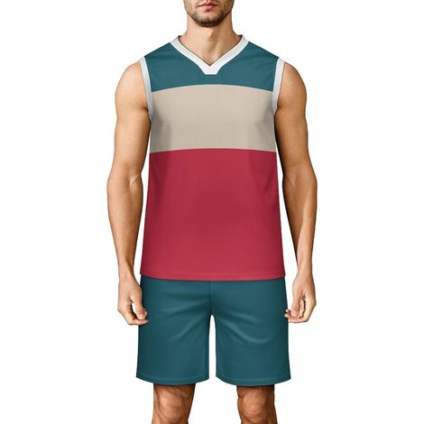 Men's Basketball Set, Adult Basketball Jersey, Sleeveless V-Neck Sports Outfit, Tank Top and Shorts for Fitness, Match Training, Plaid Print (1/5)