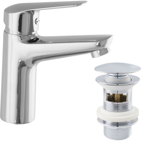 PaulGurkes Robinet de lavabo rond mélangeur monocommande avec excentrique Pop-Up et trop-plein (1/4)