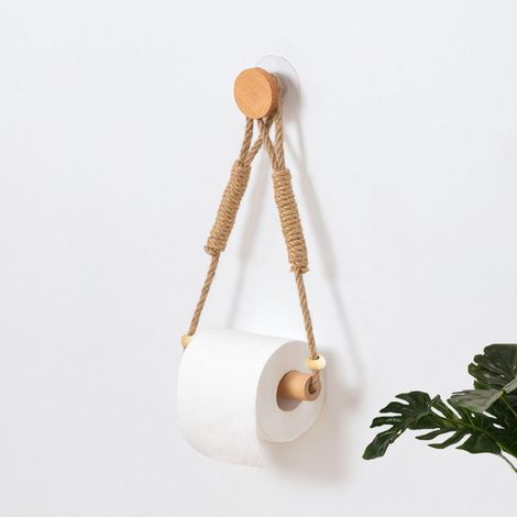 Wandmontierter Toilettenpapierhalter aus Holz und Seil, rustikaler Toilettenpapierhalter aus Stoff, Badezimmeraccessoires aus Rattan im maritimen Stil mit selbstklebenden Schrauben ohne Verbindungsste