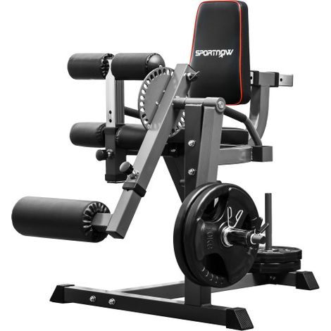 Máquina de extensión y flexión de piernas ajustable con carga de discos, máquina para pantorrillas para entrenamiento de cadera, muslo y tren inferior, acero, negro, disponible en el sitio. (1/5)