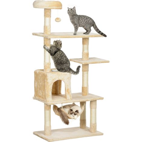 Arbre à chat géant 70 x 40 x 152 cm avec plusieurs plateformes. hamac et poteaux. beige (1/5)