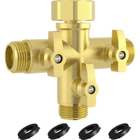 Filiyano-Raccord en Y 3 voies robuste en métal avec vannes d'arrêt, robinets à haut débit 3/4" et 4 joints toriques en silicone supplémentaires. (1/5)