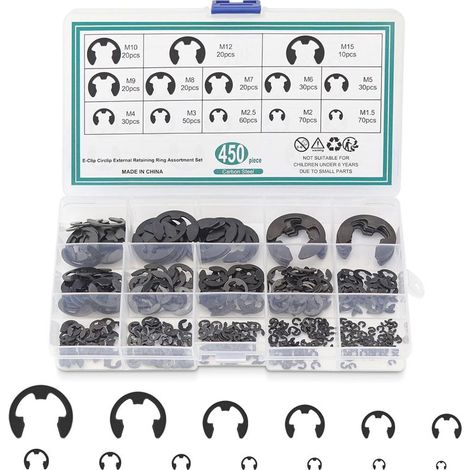 450 pièces de pinces en E, assortiment de bagues de retenue, anneaux de serrage flexibles externes en acier à ressort pour la fixation des poulies d\'engrenages de roulement, 13 tailles (1/5)