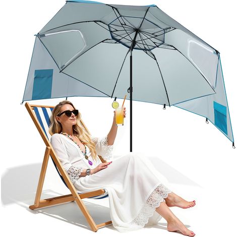 Randaco Ombrellone da spiaggia orientabile UV50+ 210 x 230 cm, ancoraggio a spirale antivento, borsa da trasporto inclusa Azzurro cielo