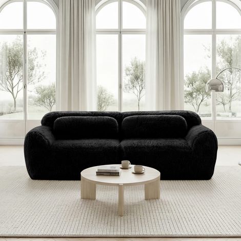 Canapé modulable 2 places, tissu peluche doux, sans cadre, coussins inclus, confort élevé, noir (1/5)