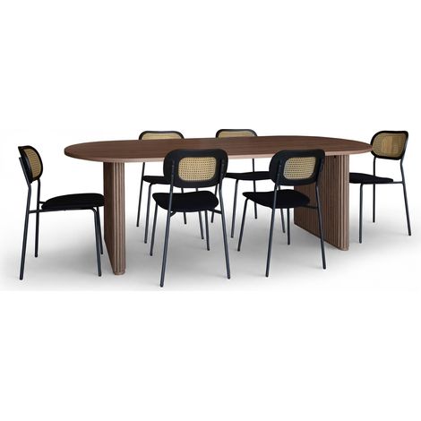 Table ovale effet bois 230cm + 6 chaises en rotin et velours (1/5)