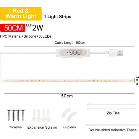 Ortviai Bande LED pour Plantes d'Intérieur – 50 cm, Lumière Rouge & Chaude 3000K, 4 Niveaux de Luminosité, Minuterie Intelligente 24 h