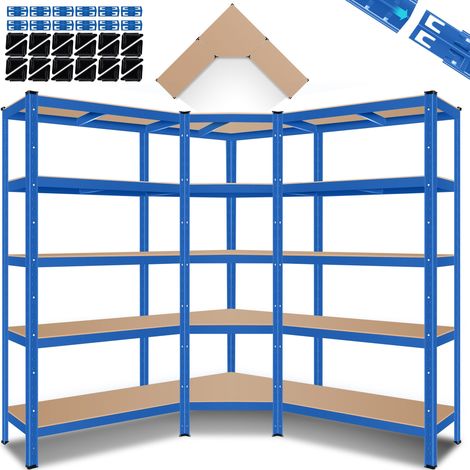 Masko – Set de 3 rayonnages métalliques – 1 étagère d'angle + 2 étagères – Capacité 175 kg par étage – Construction en métal galvanisé – Ajustable en hauteur