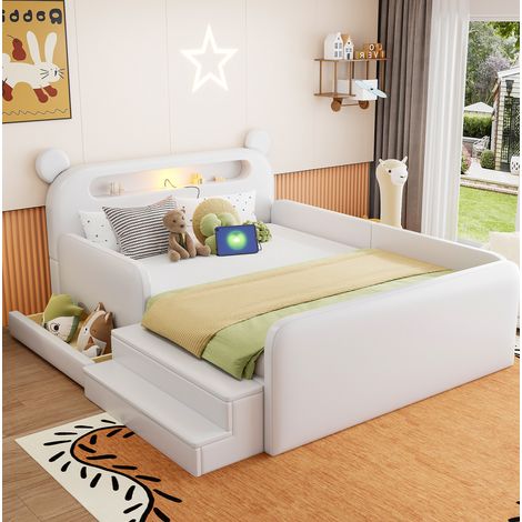 DESVIAE Lit enfant capitonné avec tête de lit ours rangement intégré veilleuse port USB assise à marches barrières latérales sécurisées 140 x 200 cm blanc en similicuir (1/5)