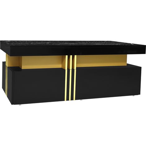 Table basse moderne noire avec plateau marbré brillant et 2 tiroirs en MDF 100x50x40 cm (1/5)