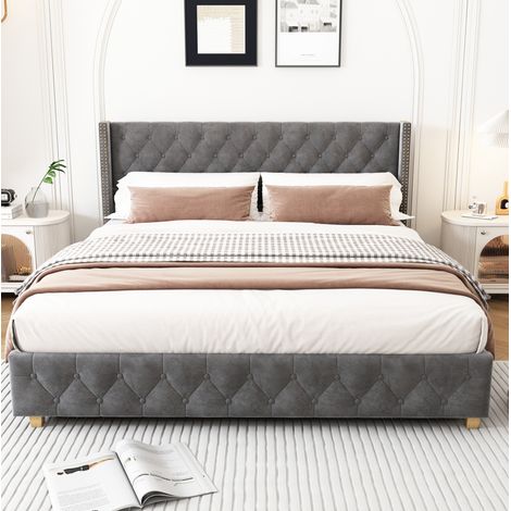 Lit 180x200 en velours gris avec tête de lit HAVRYA (1/5)