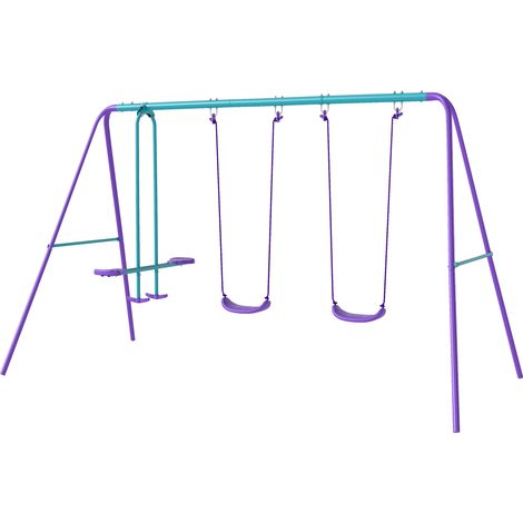 Portique balançoire extérieur 3 en 1 violet face à face 2 balancelles enfant 3+ ans
