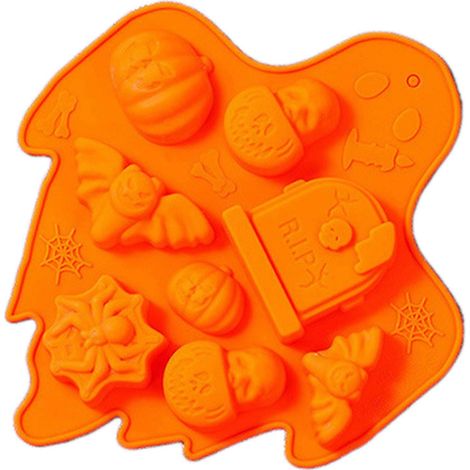 Ensemble de moules en silicone alimentaire pour gâteaux, chocolats, mousses et desserts d'Halloween - Thème Fantôme Monstre Orange (1/5)