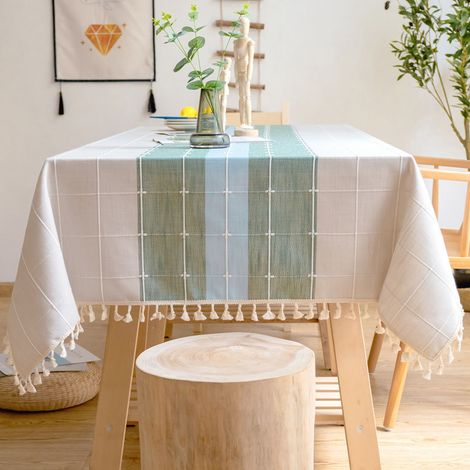 Nappe En Coton Lin - 89 x 89 cm - Motif Écossais - Bordure Frangée - Pour Table Basse TV Chaise Escabeau - 1 Pièce (1/5)