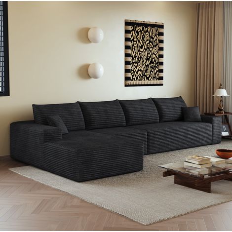 Canapé d'angle modulable 340x175x83 cm en tissu noir, sans montage pour salon FloraGrace (1/5)