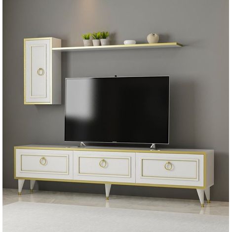 Conjunto mueble TV LORENZ 180 cm blanco y dorado