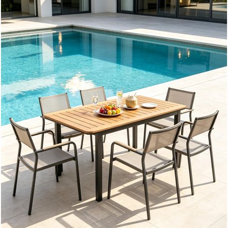 Table à manger de jardin 127x70x75 cm métal et plastique marron, 6 places pour extérieur – MEUBLIV (1/5)