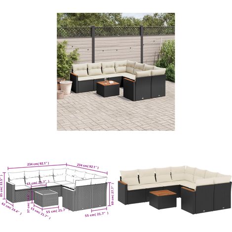 9-tlg. Garten-Sofagarnitur mit Kissen Schwarz Poly Rattan - Gartenmöbel Set - Gartensorte - Outdoor Möbel - Rattan Sofa - Lounge Set - Home & Living (1/3)