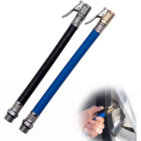 2 Pcs Tuyau de Gonflage des Pneus 12.5mm, Adaptateur de Gonflage Flexible pour Compresseur d'Air, Rallonge de Pompe avec Valve Standard pour Voiture, Moto, Vélo et Trotinette (Noir + Bleu) (1/4)