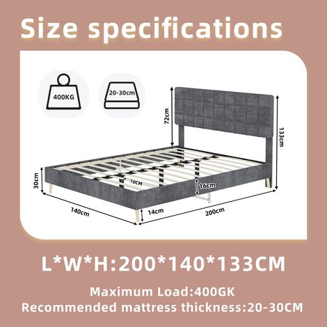 Lit gris anthracite moderne en tissu, tête de lit capitonnée à carreaux élégante, petite chambre parentale ou d'amis, lit double 140x200 cm, gris (1/5)
