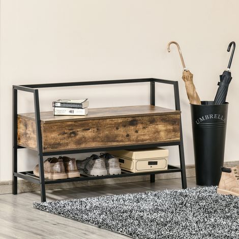 Schuhregal im Industriestil mit Stauraum, platzsparende Schuhbank im Vintage-Stil aus Holz und Metall, rustikales Braun, 90 x 37 x 60 cm (1/5)