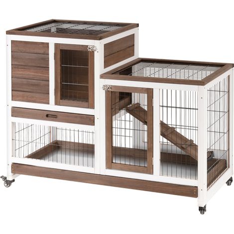 PawHut Two-Tier Rabbit Hutch Pet Cage, with Wheels - Brown
