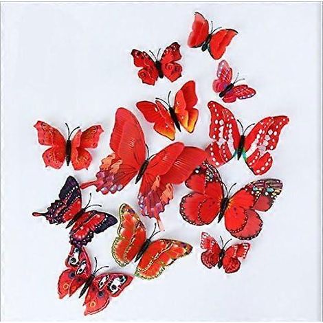 Lot de 12 papillons 3D stéréo double couche, décoration créative pour salon et maison. Nouvelle génération d'autocollants muraux papillons en PVC coloré. (Double couche rouge) (1/4)