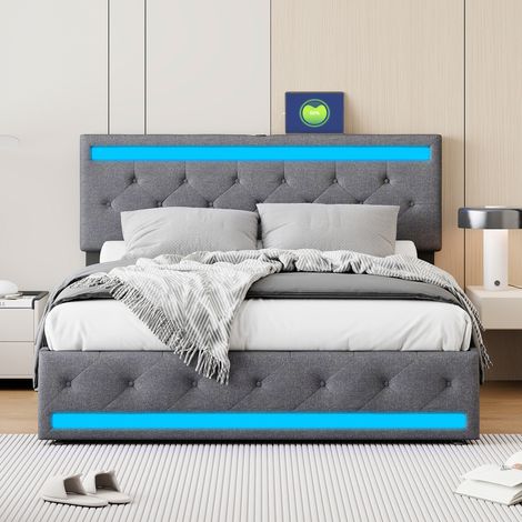 BSMGSGN-Lit 180x200 cm avec sommier à lattes, éclairage LED et prises USB, 4 tiroirs sur roulettes, tête de lit rembourrée ajustable, lit double avec rangement pour adultes et adolescents, en lin gris (1/4)