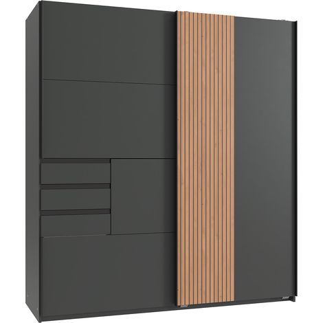 Armoire, meuble de rangement coloris graphite, rechampis imitation chêne - Longueur 180 x Hauteur 198 x Profondeur 65 cm (1/3)