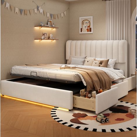 Letto contenitore 140x200 cm beige in velluto con 3 cassetti, sollevamento a gas e LED (1/5)