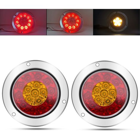 2PCS 4" LED Feu Arrière de Remorque,Rond Feux arrières à 24V Camion Remorque Bateau Arrière Feu Arrière Frein Feu de Brouillard Inversé avec Anneau Chromé (Argent-Rouge (1/5)