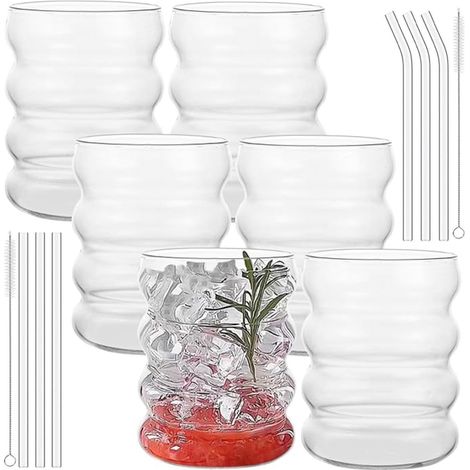 Set of Glasses 350 ml, Cocktail Service with Straw, Transparent Cups 10 x 7 cm with Curved Straws, Brushes for Juice, Ice Coffee and Soda (1/5)