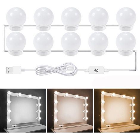Miroir De Maquillage LED - 10 Ampoules Réglables En Intensité - 3 Températures De Lumière - Alimentation USB - 1 Pièce (1/5)