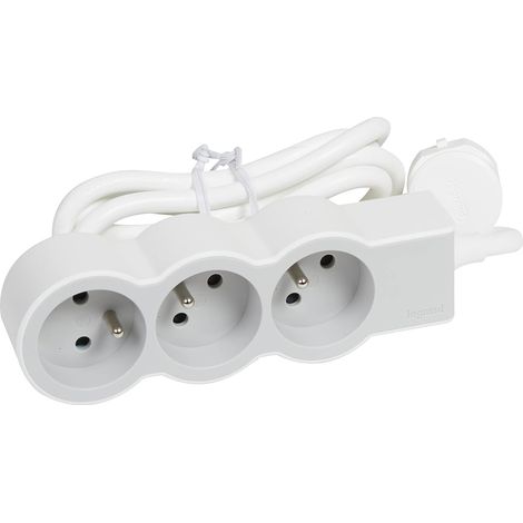 Rallonge multiprise extra-plate avec 3 prises de courant avec terre avec cordon 3m - blanc et gris clair (1/5)