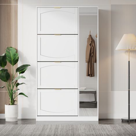 Schuhschrank mit Spiegel (80x24x147 cm), 4 Klappen, verstellbare Fächer, Spanplatte, Weiß (1/5)