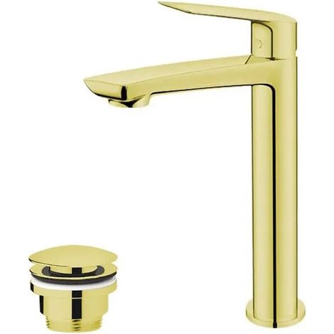 Mitigeur lavabo avec bec haut et garniture de vidage (bouchon) doré (1/3)