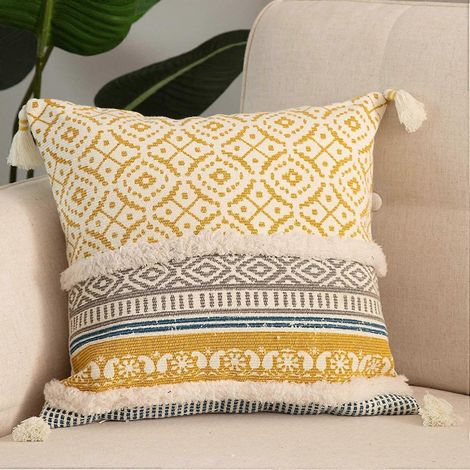 Taies d'oreiller décoratives bohèmes à pompons, compatibles avec canapé/canapé-lit - Taie d'oreiller marocaine moderne, 45 x 45 cm, pour chambre, salon, voiture, hôtel (1/5)
