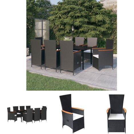 Gartenstühle - vidaXL 9-tlg. Garten-Essgruppe mit Kissen Schwarz - Gartenstuhl (1/5)