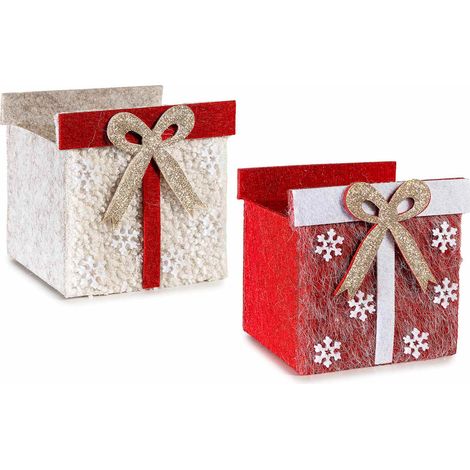 Cestini natalizi in panno a forma di pacco regalo con fiocco glitterato, set da 4 pezzi, cm 10 x 9,5 x 10 H