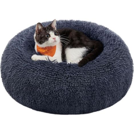 1 Panier pour Chien, Lit Rond Donut, Coussin Amovible, Tissu Peluche Doux, Ø50cm, Gris Foncé, Petit Animal