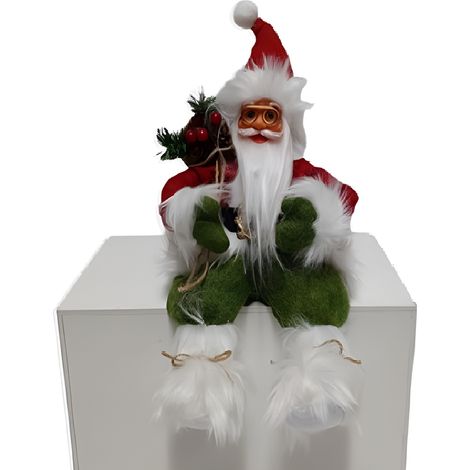 Babbo Natale seduto da Appoggio 38 cm Decorazione Natalizia in Tessuto Rosso e Verde con Sacco Regali porta i doni ai bambini Barba Occhiali, Cappello Dettagli Realistici