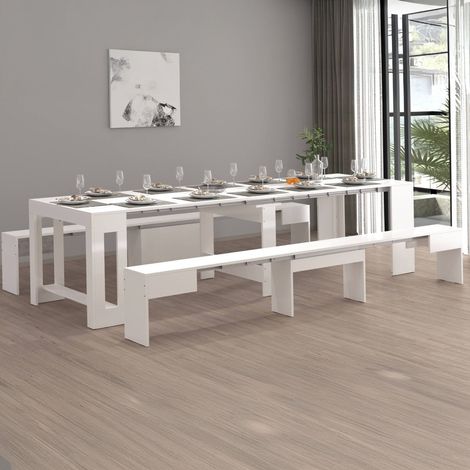 Dmora - Banco Quedan, Juego de 2 Asientos para mesa de comedor, Bancos extensibles, 290x25h45 cm, Blanco brillo (1/5)